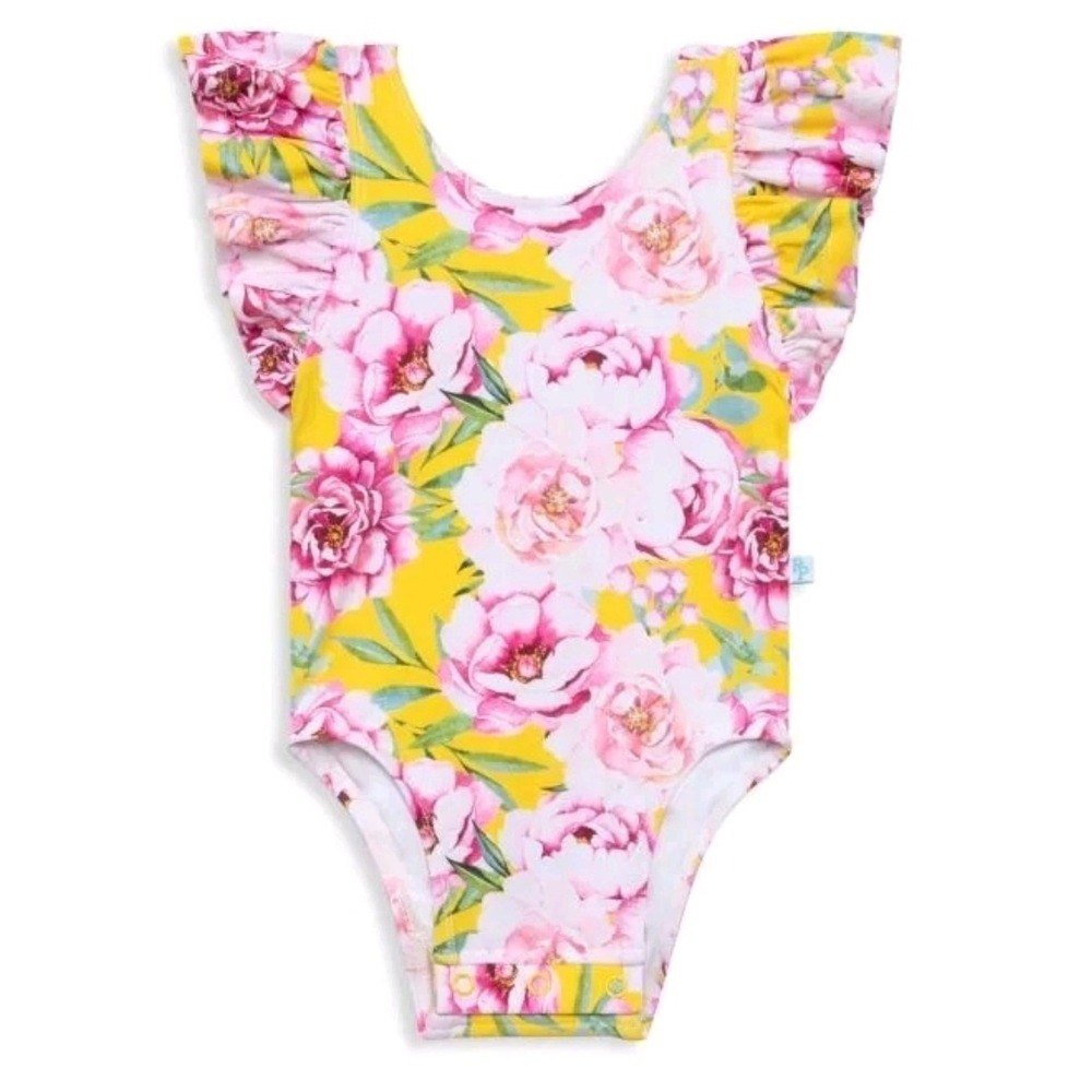 Posh Peanut Baby Girls Elody Yellow Pink Floral Ruffle One Piece Swimsuit 12-18M